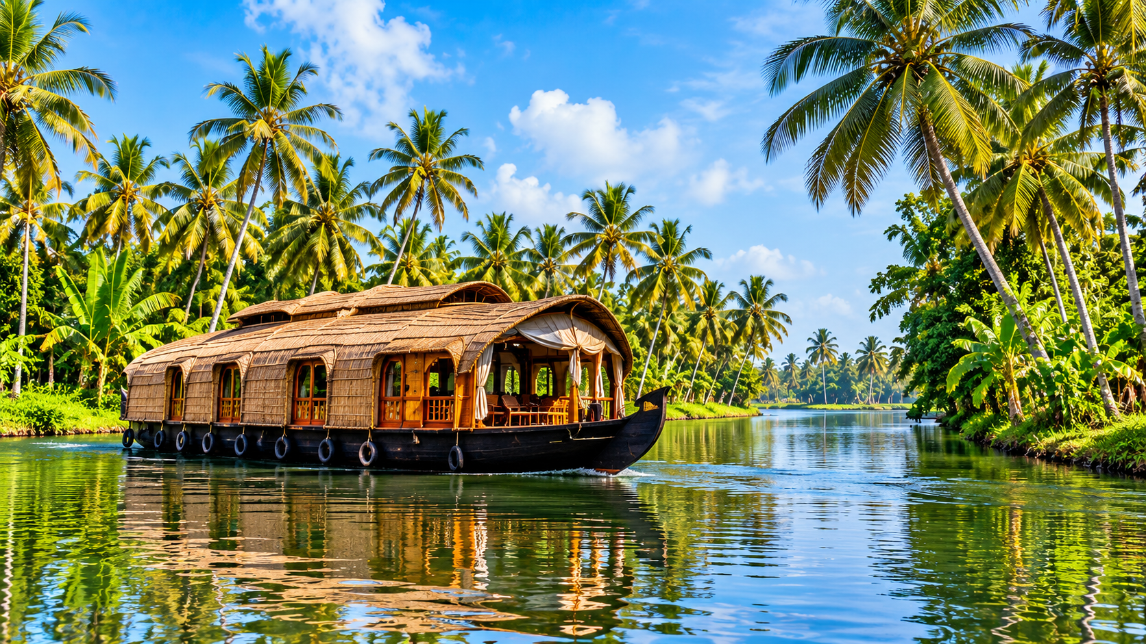 Serene Kerala backwaters with traditional houseboats and palm trees